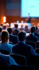Audience listening to a speaker during a conference in a dark hall illuminated by warm light.
