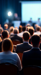Audience listening to a speaker during a conference in a dark hall illuminated by warm light.

