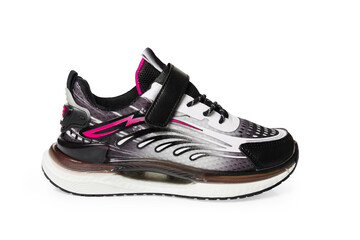 Kids sporty sneakers isolated on white background, lightweight breathable running shoes with colorful details and modern sole