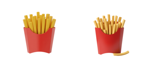 Two servings of golden french fries in red containers on transparent background