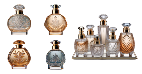 Elegant Collection of Vintage Glass Perfume Bottles on Tray, PNG bundle collection, Isolated on Transparent Background
