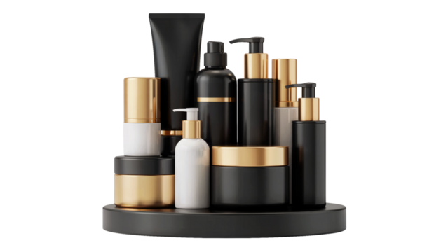 Luxury skincare collection with elegant black and gold bottles and jars, perfect for modern beauty brands and premium product promotion isolated on white or transparent png.