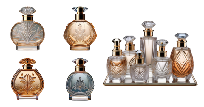 Elegant Collection of Vintage Glass Perfume Bottles on Tray, PNG bundle collection, Isolated on Transparent Background
