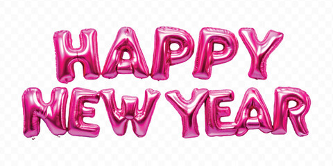 abstract 3d Happy New Year typography made by different color foil balloons isolated on transparent background
