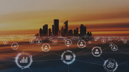 Dynamic city skyline with interconnected digital network of people, data, and business icons at sunset
