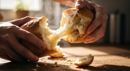 Hands Tearing Apart Freshly Baked Bread on Wooden Surface.