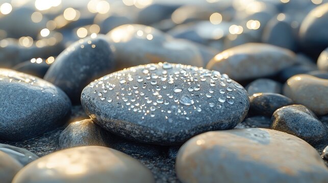 Stones of different shapes and sizes with tiny water droplets on each surface, sparkling under sunlight, evoking freshness and calmness