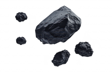 A collection of floating black rocks against a minimalist white background. their textured surfaces and varying sizes. ideal for abstract art or nature-themed projects