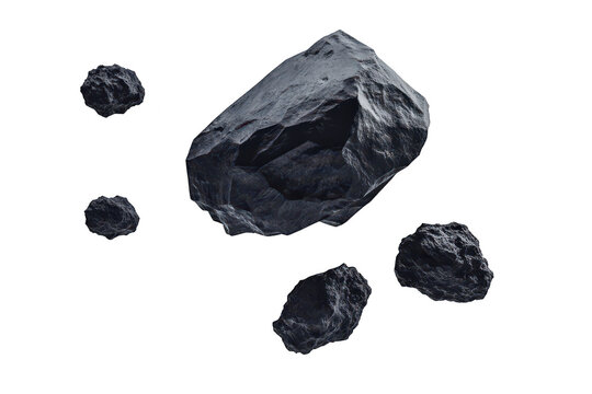 A collection of floating black rocks against a minimalist white background. their textured surfaces and varying sizes. ideal for abstract art or nature-themed projects