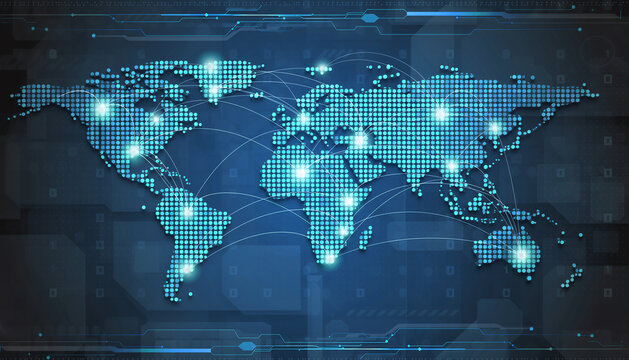 Global Digital Network: The image illustrates a global digital network represented as the Earth, with glowing nodes connecting across the continents.