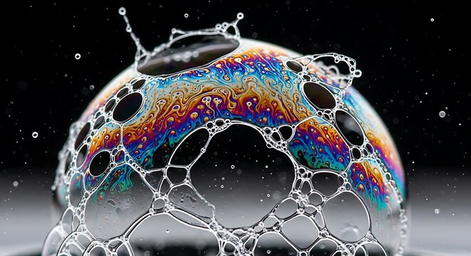 Macro shot of a colorful soap bubble with water droplets and intricate patterns. - Powered by Adobe