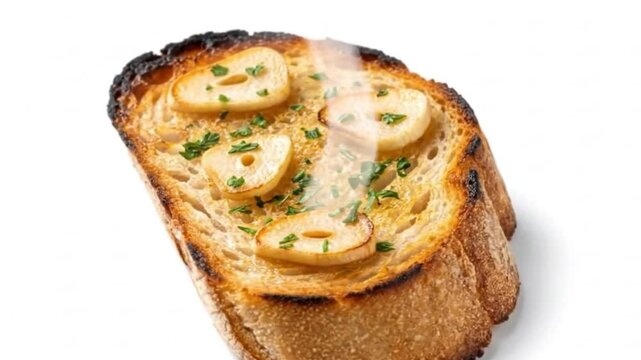 Slice of toasted bread with garlic rings and parsley on a white background