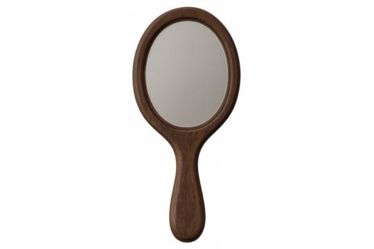Vintage style hand mirror with dark wooden frame, oval glass reflecting emptiness, transparent background