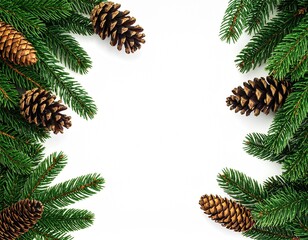 Naklejka premium christmas frame with tree branches with cones isolated on white background