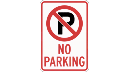 Clear no parking traffic sign with bold red prohibition symbol and text for immediate visual warning and compliance enforcement isolated on white or transparent png.