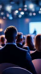 Audience listening to a speaker during a conference in a dark hall illuminated by warm light.
