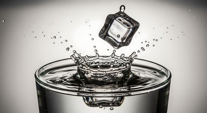 Ice Cube Plunging into Water Creating a Splash Crown.