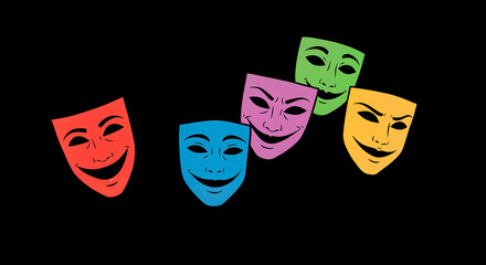 Bright vector illustration of multiple smiling masks in different colors placed on dark background. Expressive and emotional design for posters, branding, and creative projects