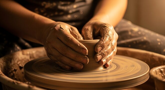 Hands shaping clay on a pottery wheel, crafting a bowl.