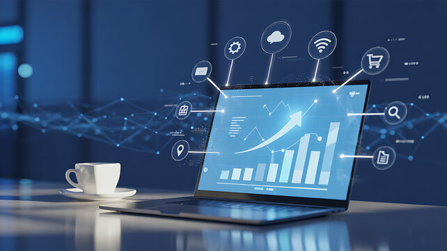 Dynamic digital analytics dashboard on laptop screen showcases business growth with upward arrow and icons, perfect for tech strategy and data insights
