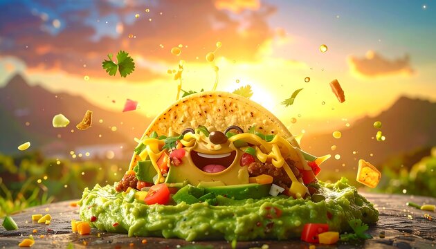 Whimsical Taco Character Enjoying a Sunny Day in a Lush Landscape.