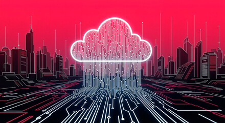 Cloud pierced by data streams in cyberspace. Cloud networking, AI,  crypto and cyber security. Futuristic vector 3d illustration, visualization for technology concept in red, white and black tones