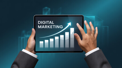 Professional businessman analyzing digital marketing growth chart on tablet, showcasing business strategy and success with upward trend.