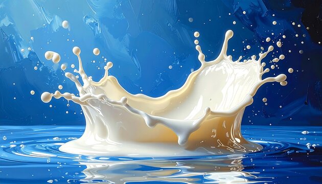 A vibrant splash of creamy white liquid erupts from a calm, blue surface. The dynamic forms showcase motion, droplets, and the impact's beauty