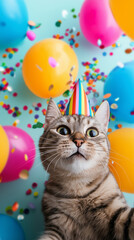 Funny cat wearing birthday hat surrounded by balloons and confetti.  
