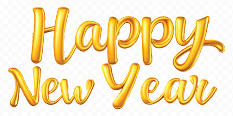 abstract 3d Happy New Year typography made by different color foil balloons isolated on transparent background