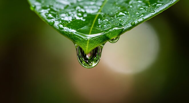 Macro shot of a green leaf with water droplets. - Powered by Adobe