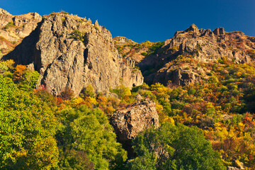 Mountain with christian crosses. Geghard, Kotayk province, Armenia