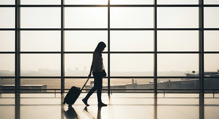 Silhouette of a woman walking with luggage in an airport terminal against a large window with city view.