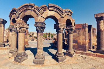 Rebuilt part of the ruins of medieval Armenian Сathedral - Zvartnots. Vagharshapat, Armavir Province, Armenia
