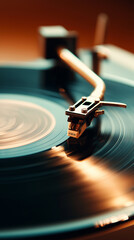 Close-up of turntable playing vinyl record with stylus and warm light.  
