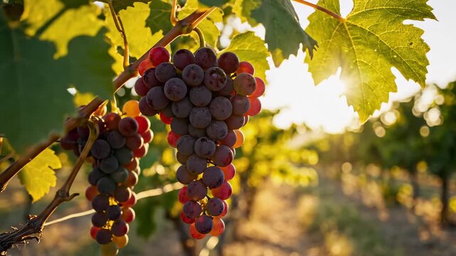 Racimos de uvas maduras en la vid bajo los rayos del sol, naturaleza y cosecha oto&ntilde;al.