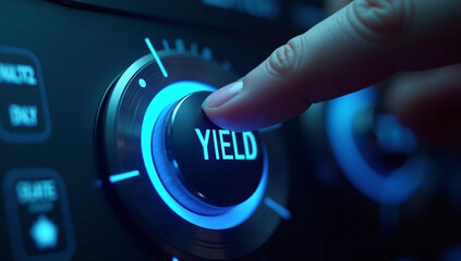 Yield control knob with glowing blue light being adjusted by finger on modern electronic device, showing close up detail and futuristic technology