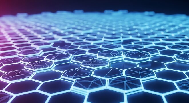 Abstract hexagonal grid with neon blue and pink lighting and geometric structure - Powered by Adobe