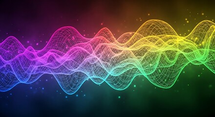 Vibrant rainbow spectrum sound wave visualization with abstract digital network overlay