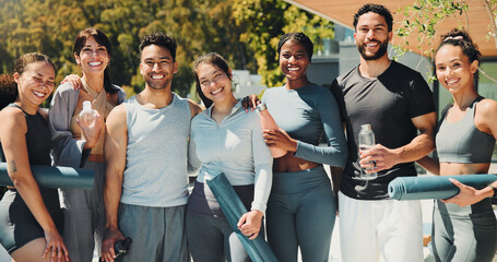 Fitness, portrait or team in resort for yoga class, ready for physical activity in body wellness. Pilates, happy or people outdoor with equipment, preparation together or motivation for group session