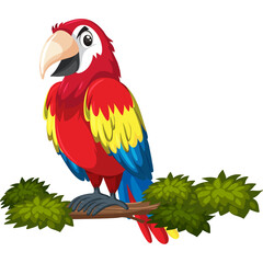 Vibrant Scarlet Macaw Parrot Perched on a Lush Green Branch Against a Clean White Background Detailed Feather Texture Bright Tropical Bird Portrait