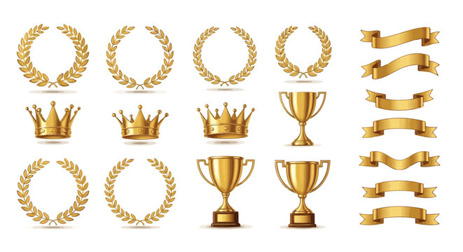 Vector art of golden laurel wreath, crown, trophy cup and ribbon set of award and success elements for logo design, certificate, greeting card