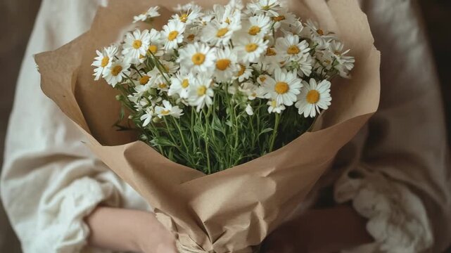 selective focus sustainable packaging designer carefully wrapping bouquet in kraft paper