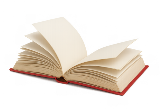 Open red hardcover book with blank pages flipping in air, showing knowledge, education, and learning concept