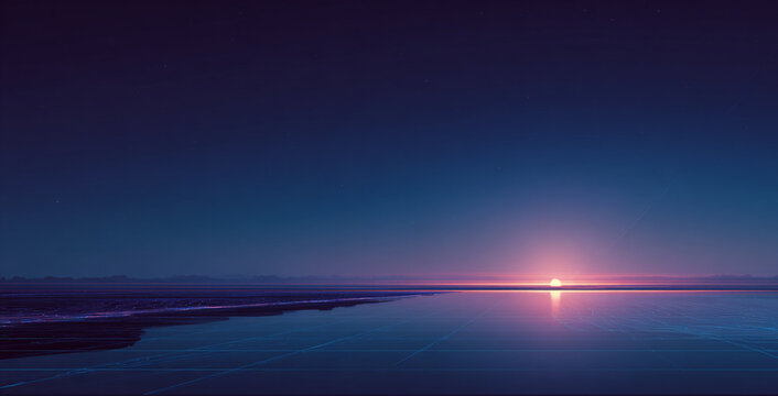 futuristic landscape using cool tones like deep blue and violet, a single glowing horizon line or a faint network grid fading into the distance to suggest progress and digital evolution. 