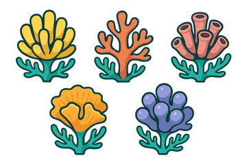 Colorful stylized sea coral and anemone icons set
