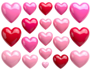 Rows of glossy, 3D hearts in shades of pink & red, with a black background
