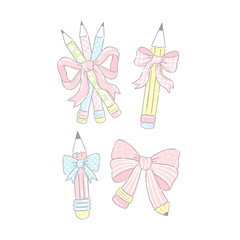 Pastel Coquette Pencil Clipart Set. Cute Hand Drawn Pencils with Ribbons and Bows for School, Stationery, and Teacher Design