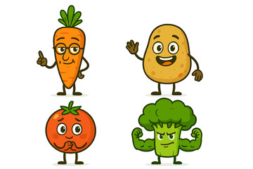 Four funny cartoon vegetable characters with expressive faces