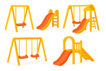 Collection of yellow and orange playground equipment featuring swings and slides